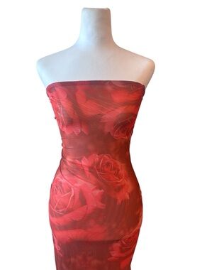 MESHKI Red Rose Mesh Strapless Midi Dress Romantic Bodycon